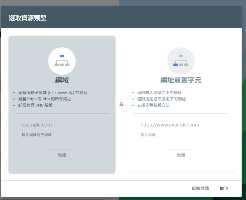 選擇網域資源並輸入網站網域